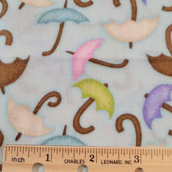 Cotton Fabric Umbrellas Pastel Rain Weather 19" x 44" Blue Pink Green Brown - Picture 5 of 8
